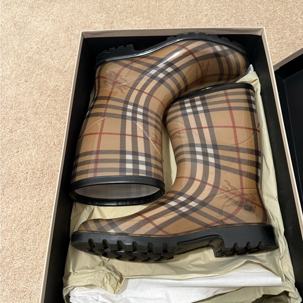 Burberry Beige and Black Checkered Rain Boots